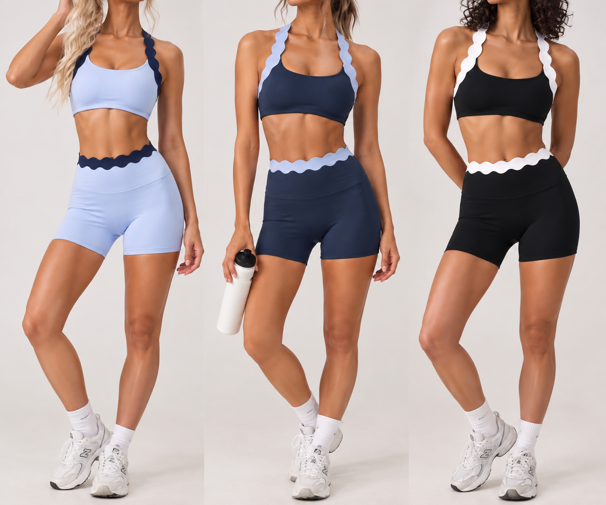 Travel Scallop Gym Set with Shorts Halter Neck